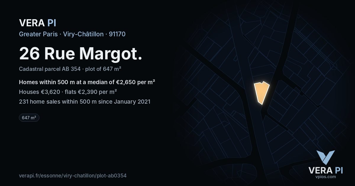 26 Rue Margot, Viry-Châtillon at night – the plot lit, the parcels around coloured by the prices near them