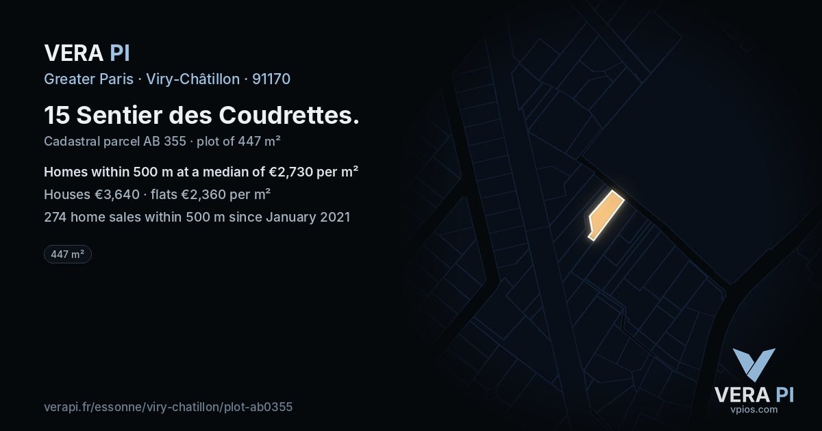 15 Sentier des Coudrettes, Viry-Châtillon at night – the plot lit, the parcels around coloured by the prices near them