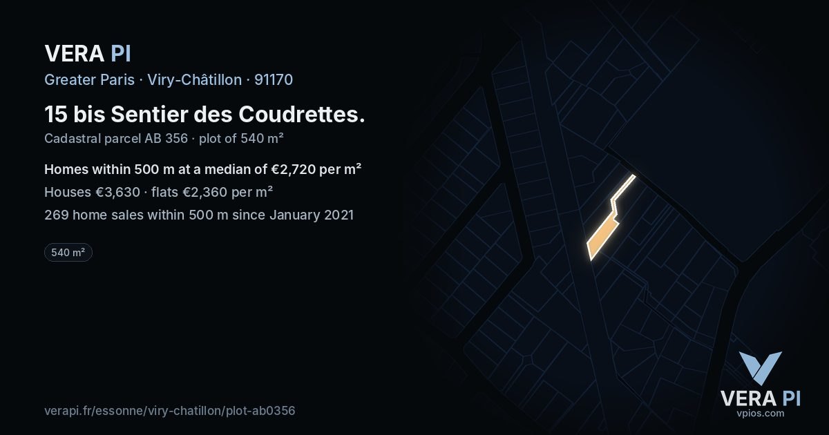 15 bis Sentier des Coudrettes, Viry-Châtillon at night – the plot lit, the parcels around coloured by the prices near them