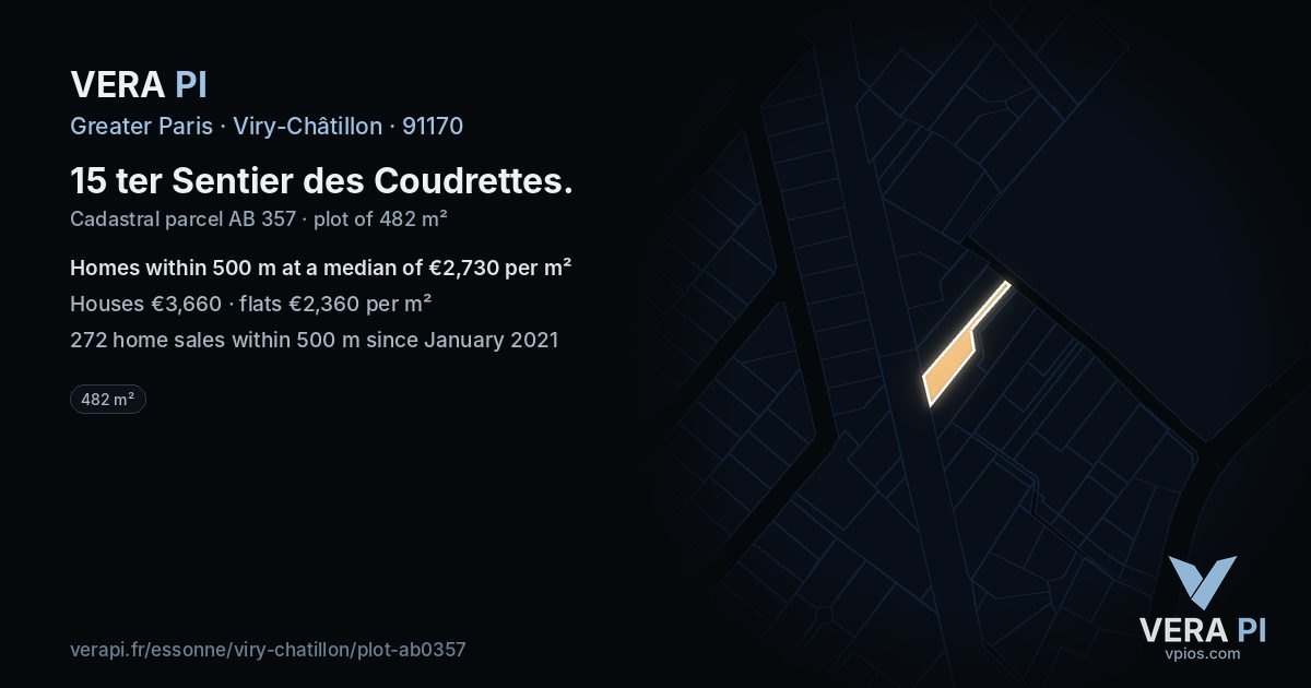 15 ter Sentier des Coudrettes, Viry-Châtillon at night – the plot lit, the parcels around coloured by the prices near them
