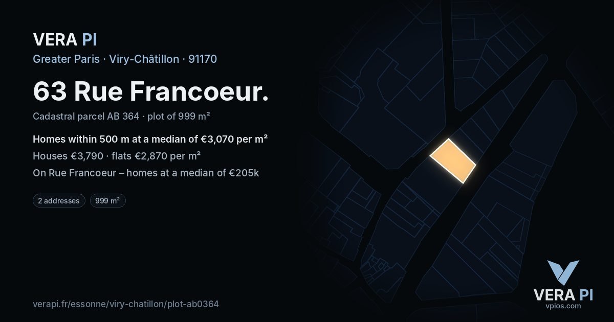 63 Rue Francoeur, Viry-Châtillon at night – the plot lit, the parcels around coloured by the prices near them