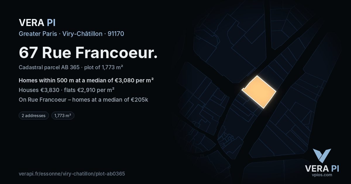 67 Rue Francoeur, Viry-Châtillon at night – the plot lit, the parcels around coloured by the prices near them
