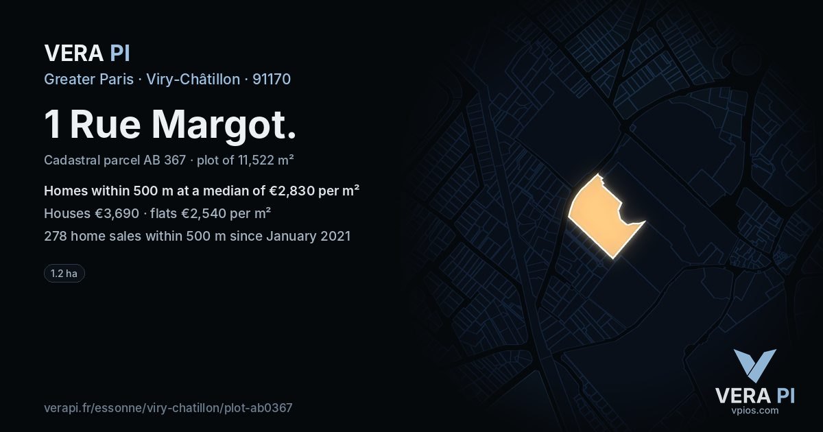 1 Rue Margot, Viry-Châtillon at night – the plot lit, the parcels around coloured by the prices near them