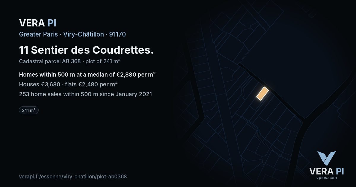 11 Sentier des Coudrettes, Viry-Châtillon at night – the plot lit, the parcels around coloured by the prices near them