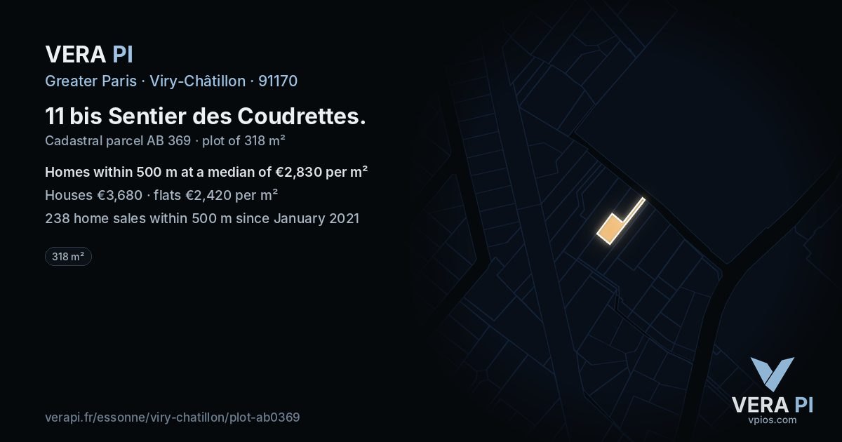 11 bis Sentier des Coudrettes, Viry-Châtillon at night – the plot lit, the parcels around coloured by the prices near them