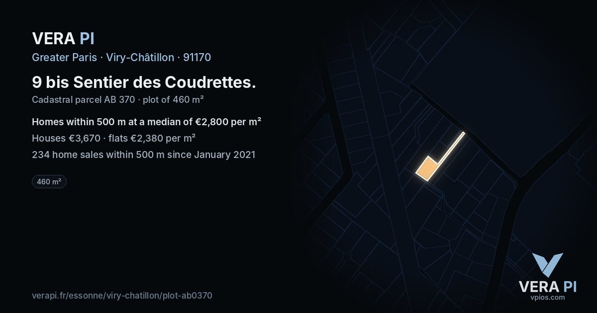 9 bis Sentier des Coudrettes, Viry-Châtillon at night – the plot lit, the parcels around coloured by the prices near them
