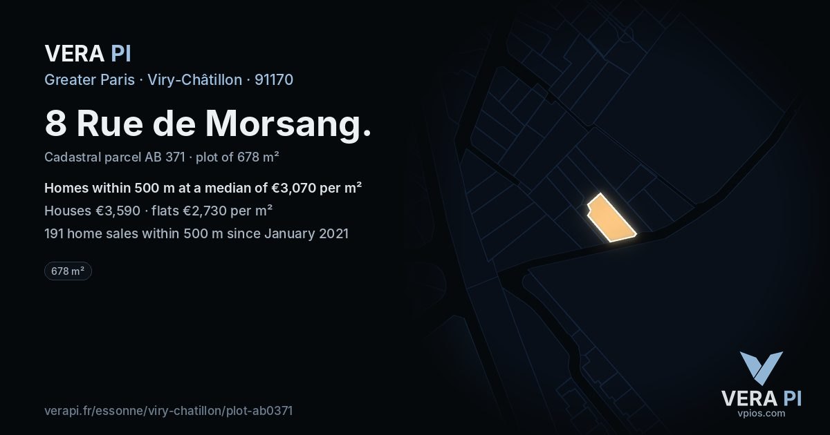 8 Rue de Morsang, Viry-Châtillon at night – the plot lit, the parcels around coloured by the prices near them
