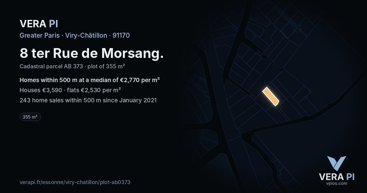 8 ter Rue de Morsang, Viry-Châtillon at night – the plot lit, the parcels around coloured by the prices near them