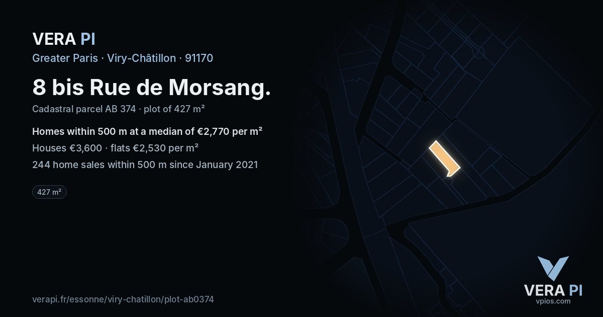 8 bis Rue de Morsang, Viry-Châtillon at night – the plot lit, the parcels around coloured by the prices near them