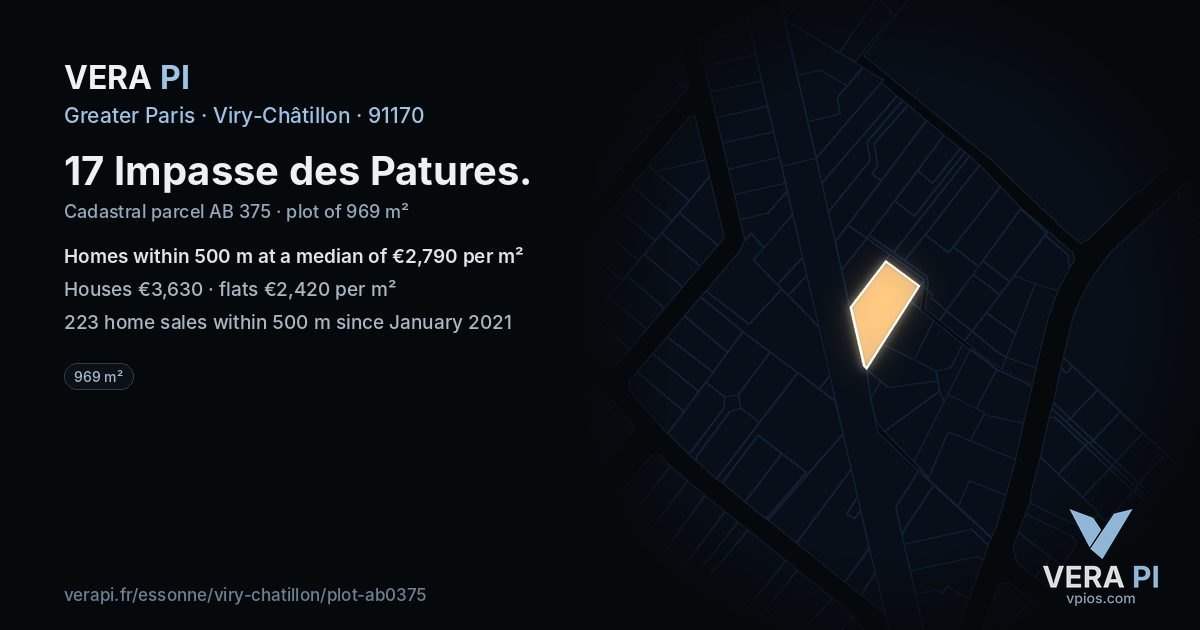 17 Impasse des Patures, Viry-Châtillon at night – the plot lit, the parcels around coloured by the prices near them