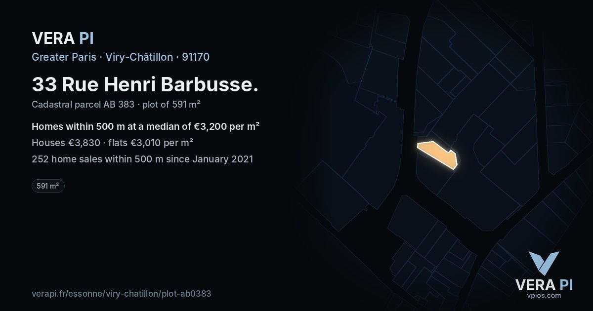 33 Rue Henri Barbusse, Viry-Châtillon at night – the plot lit, the parcels around coloured by the prices near them