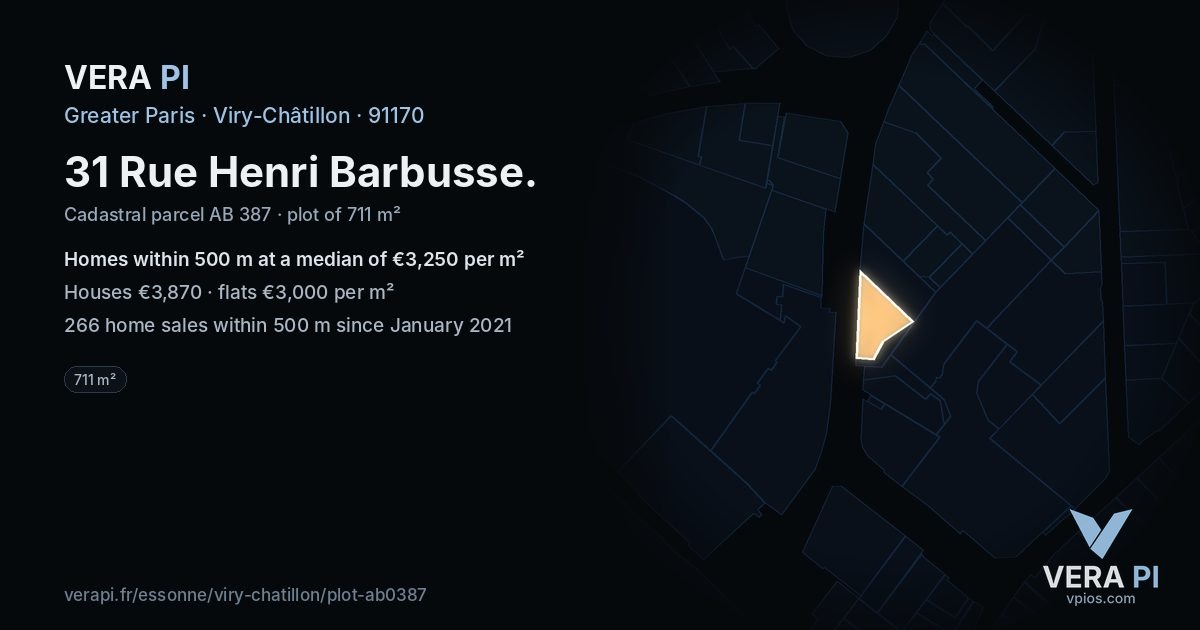 31 Rue Henri Barbusse, Viry-Châtillon at night – the plot lit, the parcels around coloured by the prices near them
