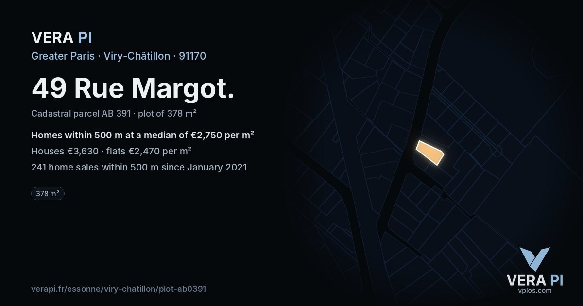 49 Rue Margot, Viry-Châtillon at night – the plot lit, the parcels around coloured by the prices near them