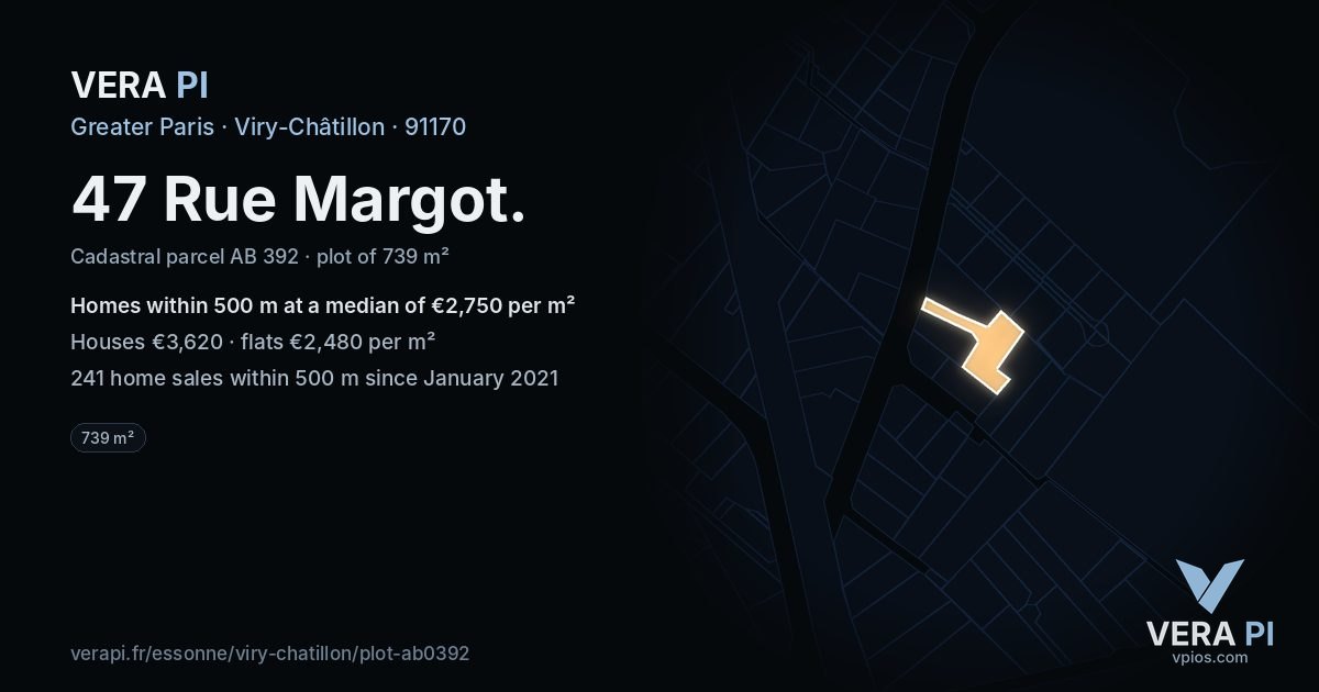 47 Rue Margot, Viry-Châtillon at night – the plot lit, the parcels around coloured by the prices near them