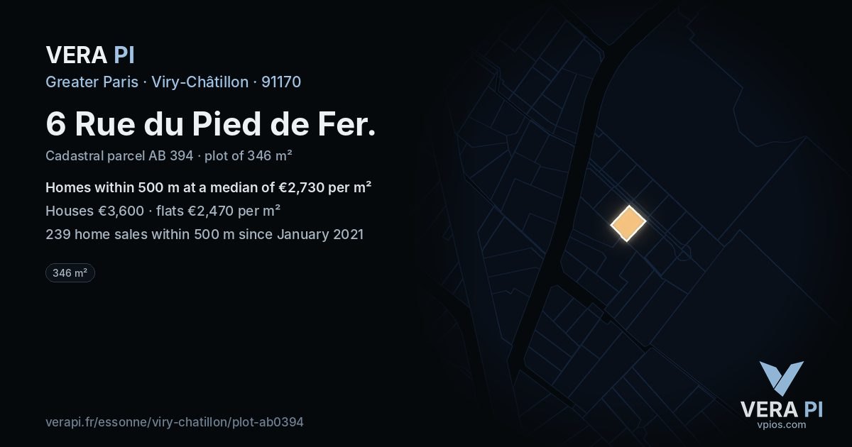 6 Rue du Pied de Fer, Viry-Châtillon at night – the plot lit, the parcels around coloured by the prices near them