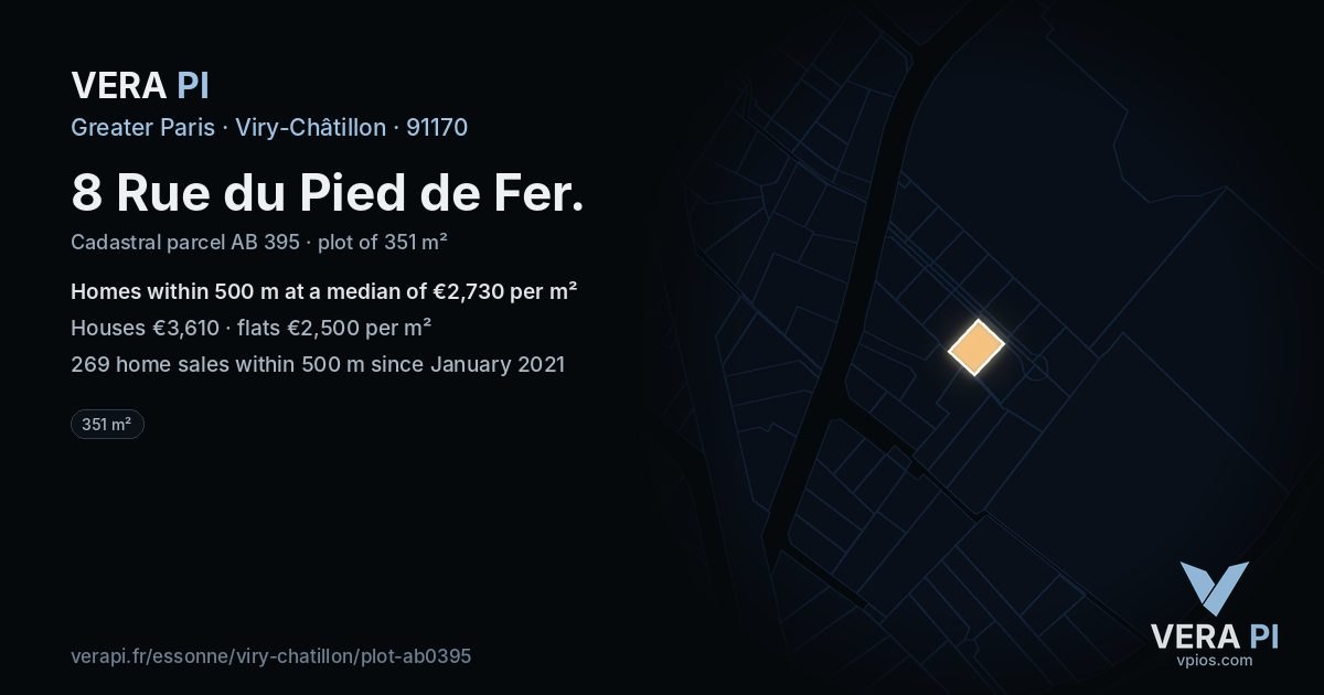 8 Rue du Pied de Fer, Viry-Châtillon at night – the plot lit, the parcels around coloured by the prices near them