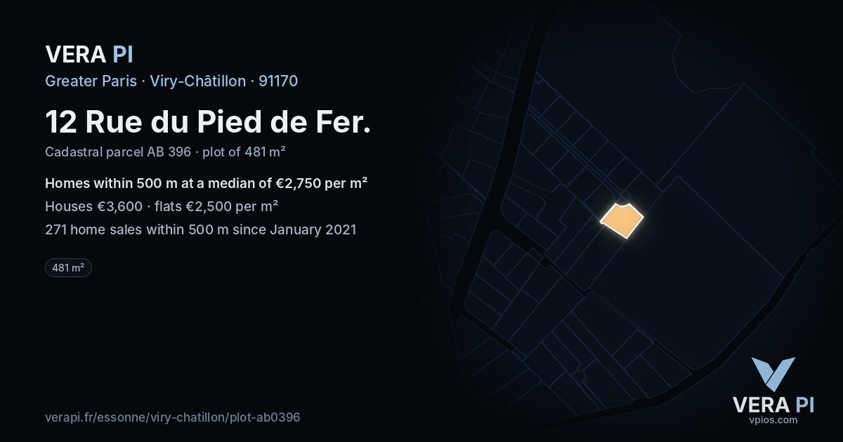 12 Rue du Pied de Fer, Viry-Châtillon at night – the plot lit, the parcels around coloured by the prices near them