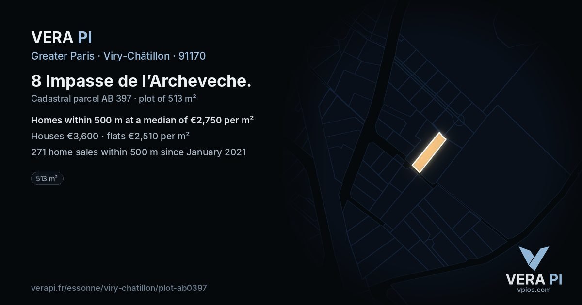 8 Impasse de l’Archeveche, Viry-Châtillon at night – the plot lit, the parcels around coloured by the prices near them