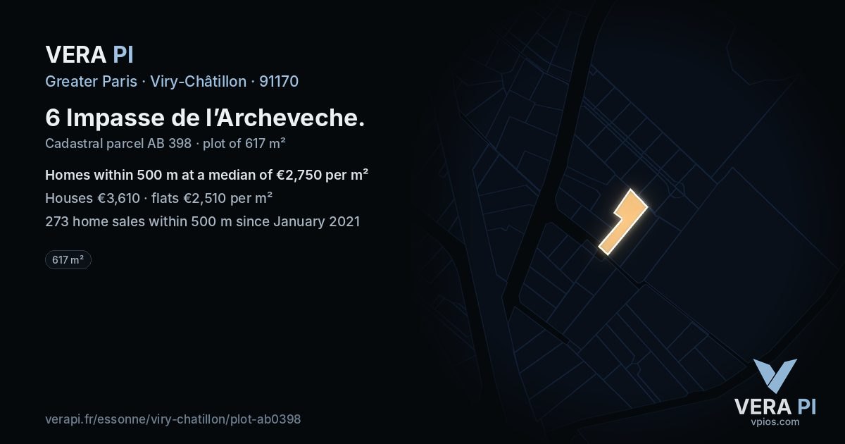 6 Impasse de l’Archeveche, Viry-Châtillon at night – the plot lit, the parcels around coloured by the prices near them