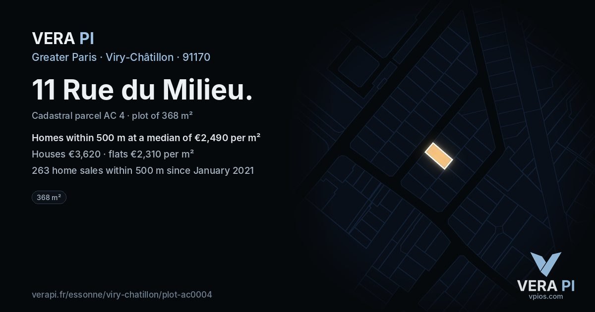 11 Rue du Milieu, Viry-Châtillon at night – the plot lit, the parcels around coloured by the prices near them