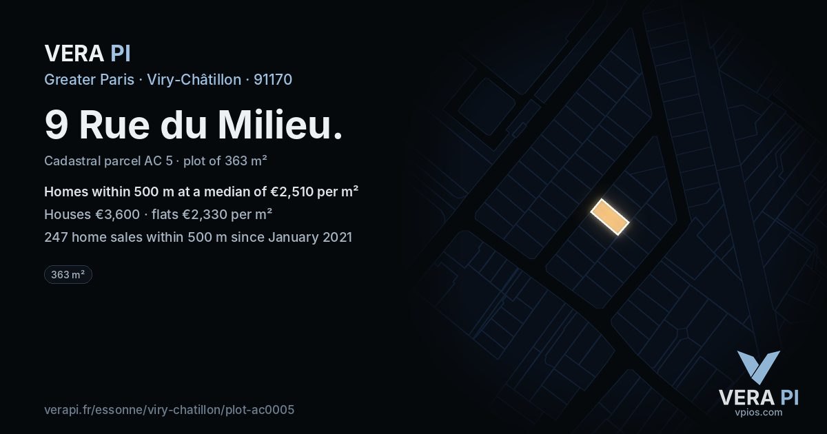 9 Rue du Milieu, Viry-Châtillon at night – the plot lit, the parcels around coloured by the prices near them