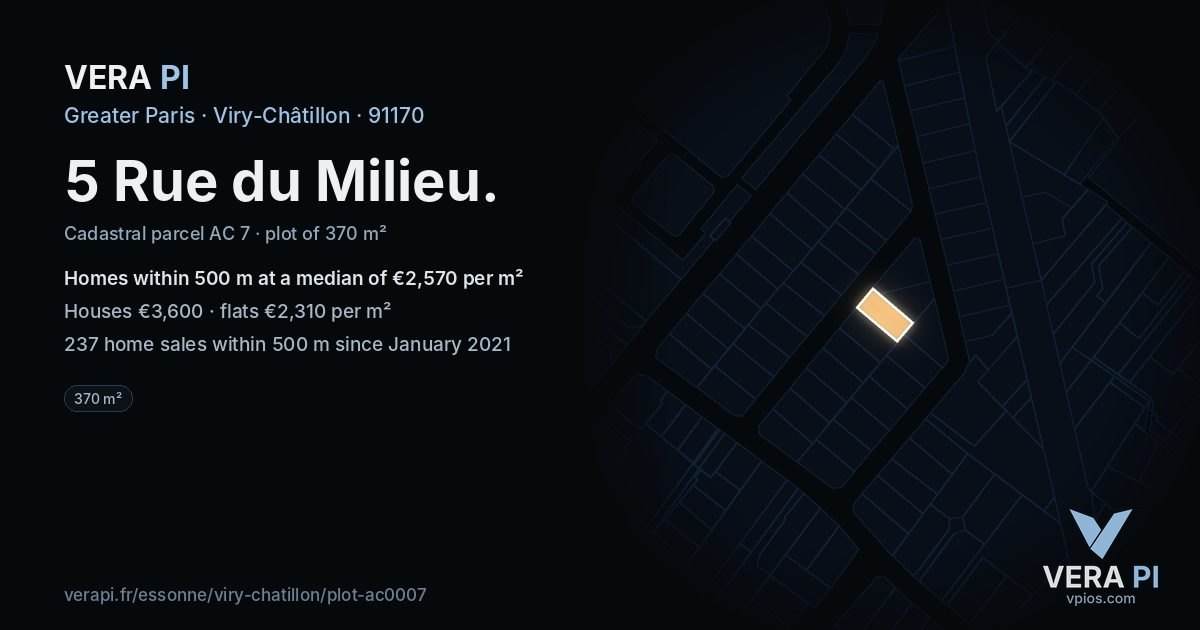 5 Rue du Milieu, Viry-Châtillon at night – the plot lit, the parcels around coloured by the prices near them