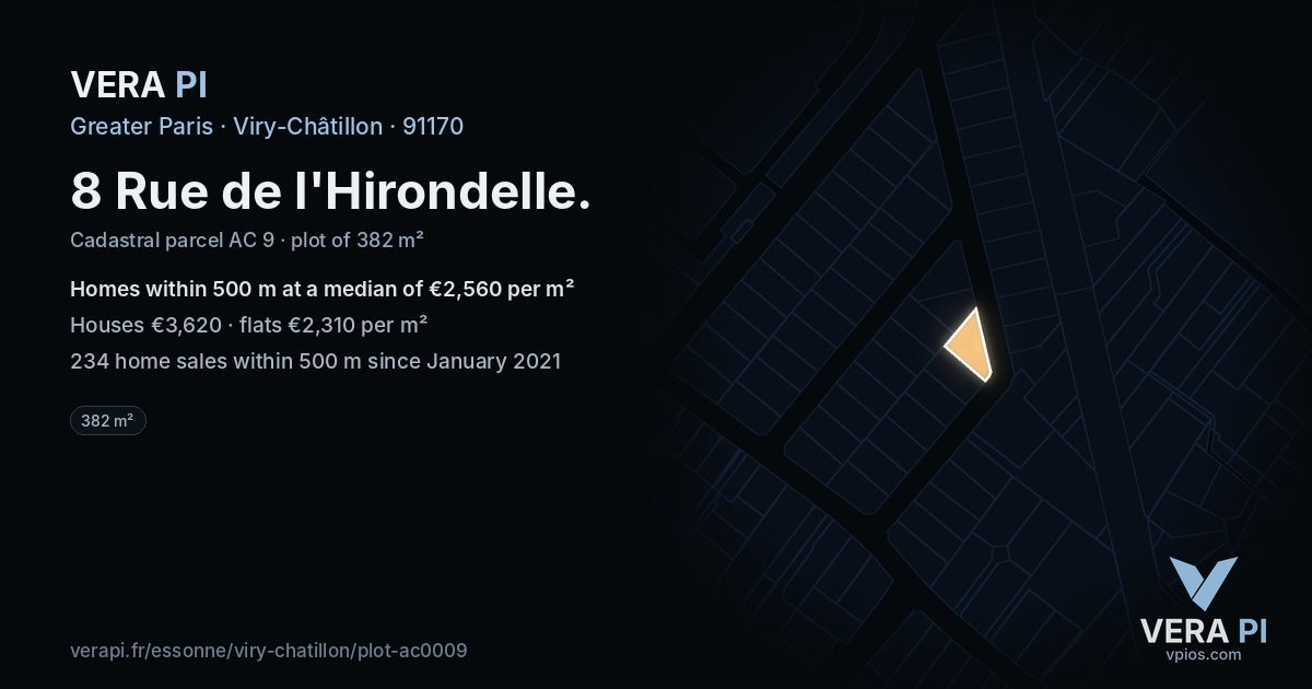 8 Rue de l'Hirondelle, Viry-Châtillon at night – the plot lit, the parcels around coloured by the prices near them