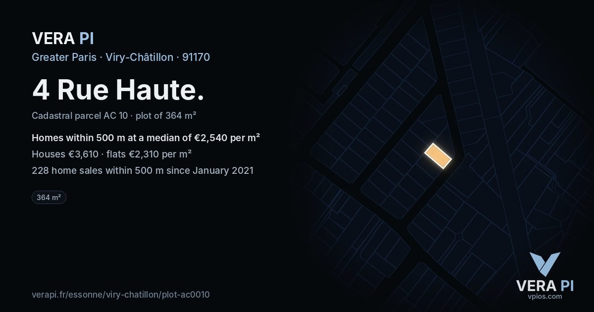 4 Rue Haute, Viry-Châtillon at night – the plot lit, the parcels around coloured by the prices near them