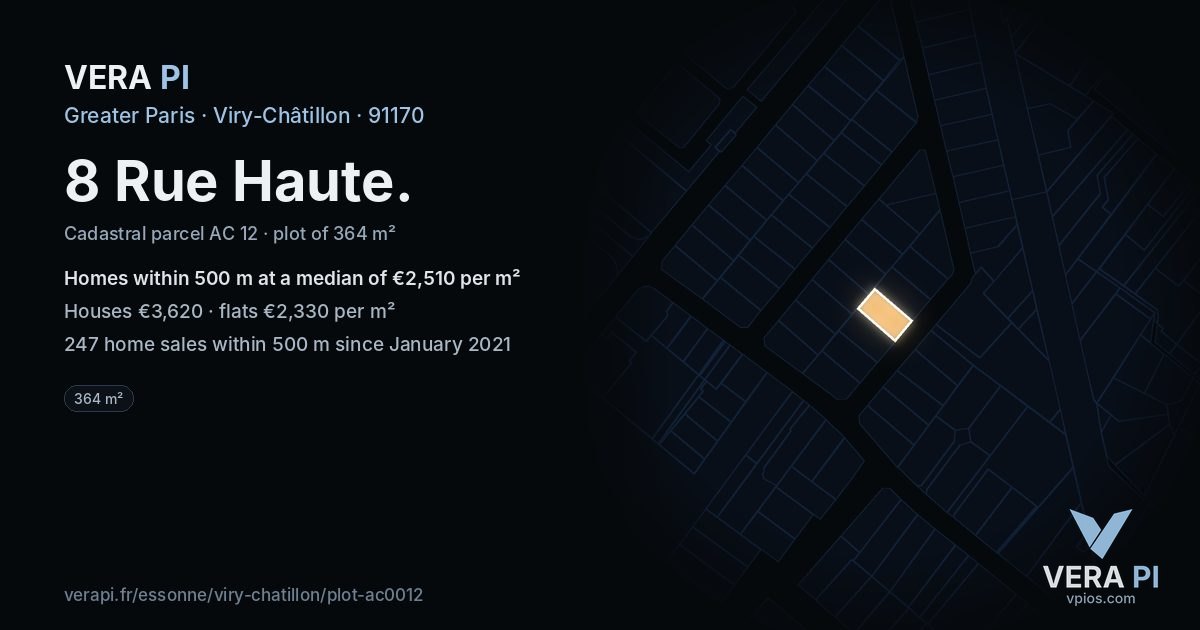 8 Rue Haute, Viry-Châtillon at night – the plot lit, the parcels around coloured by the prices near them