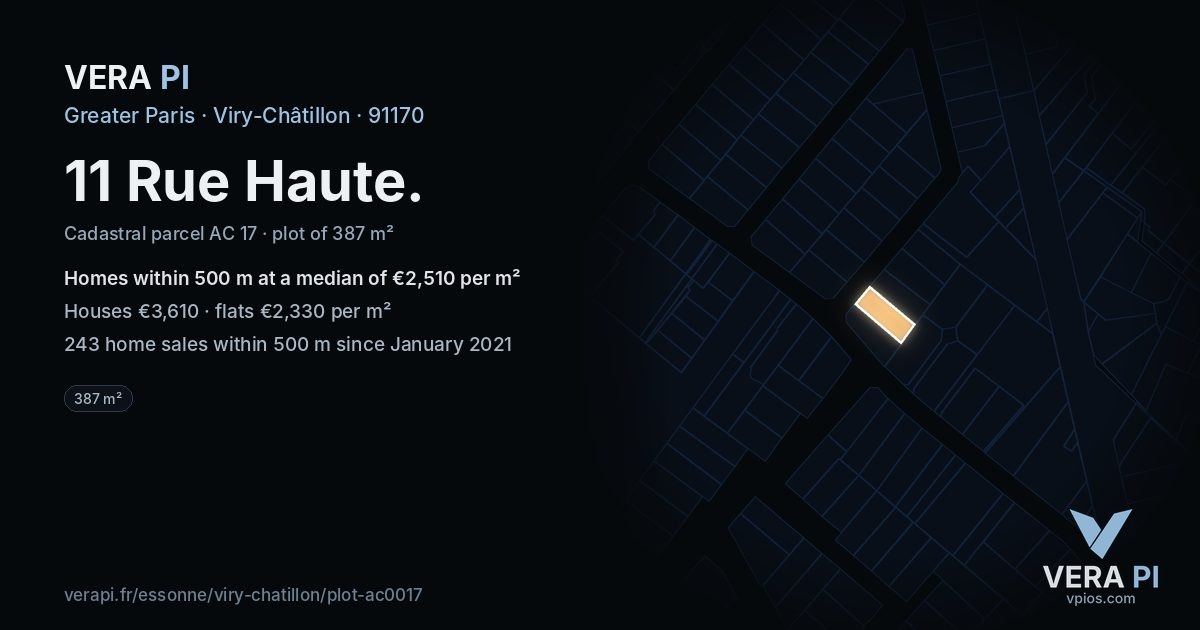 11 Rue Haute, Viry-Châtillon at night – the plot lit, the parcels around coloured by the prices near them