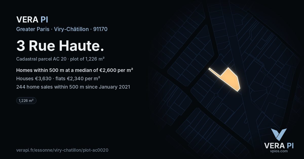 3 Rue Haute, Viry-Châtillon at night – the plot lit, the parcels around coloured by the prices near them