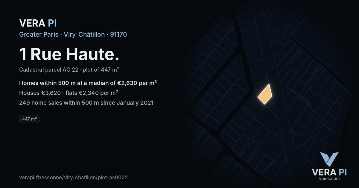 1 Rue Haute, Viry-Châtillon at night – the plot lit, the parcels around coloured by the prices near them