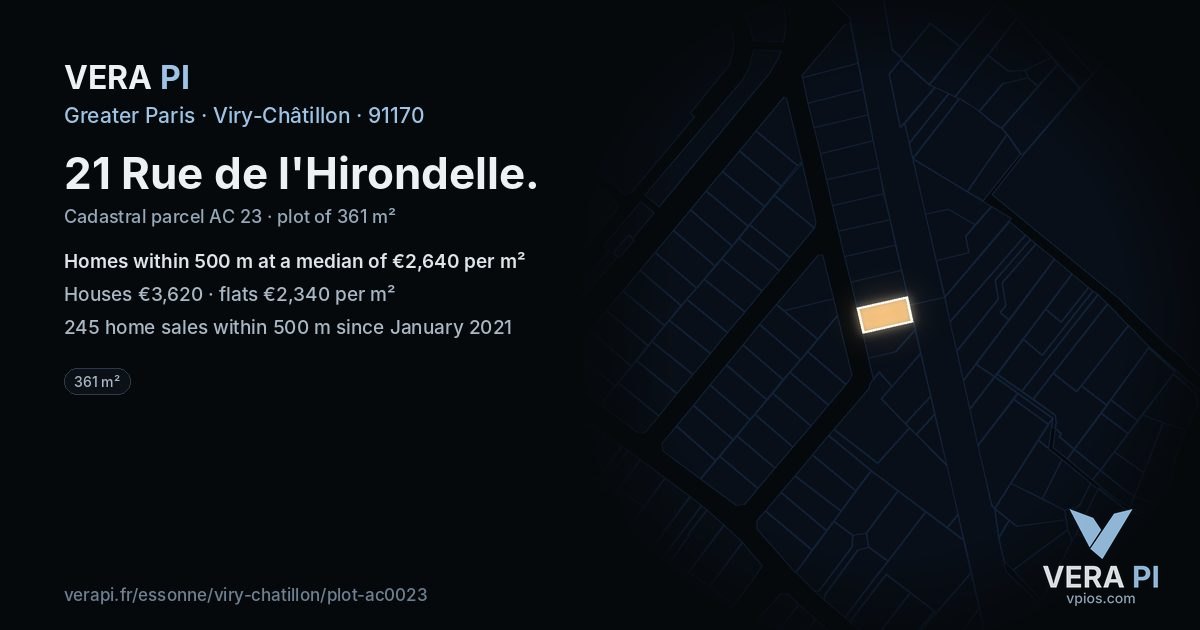 21 Rue de l'Hirondelle, Viry-Châtillon at night – the plot lit, the parcels around coloured by the prices near them