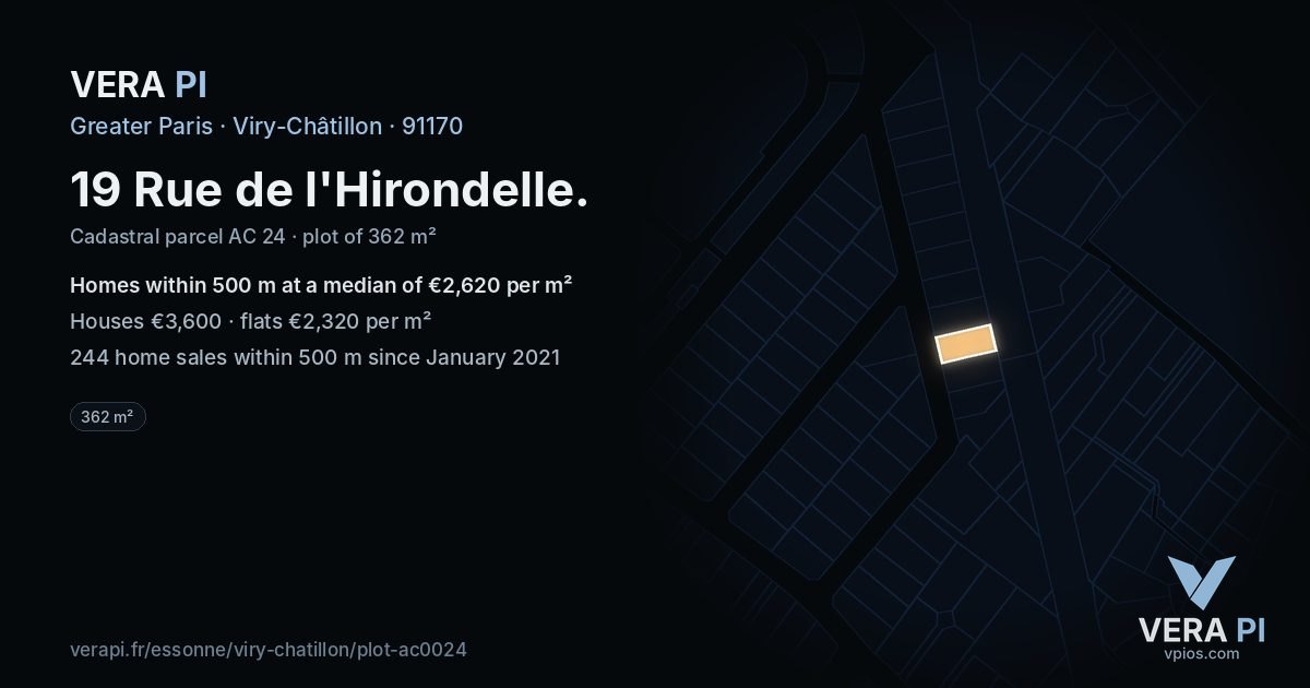 19 Rue de l'Hirondelle, Viry-Châtillon at night – the plot lit, the parcels around coloured by the prices near them