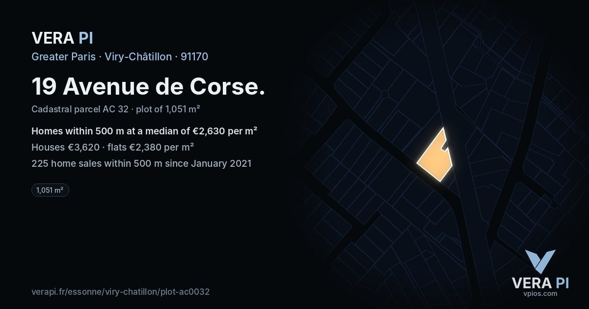 19 Avenue de Corse, Viry-Châtillon at night – the plot lit, the parcels around coloured by the prices near them