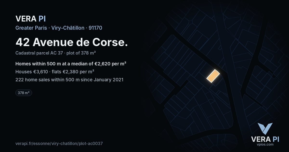 42 Avenue de Corse, Viry-Châtillon at night – the plot lit, the parcels around coloured by the prices near them