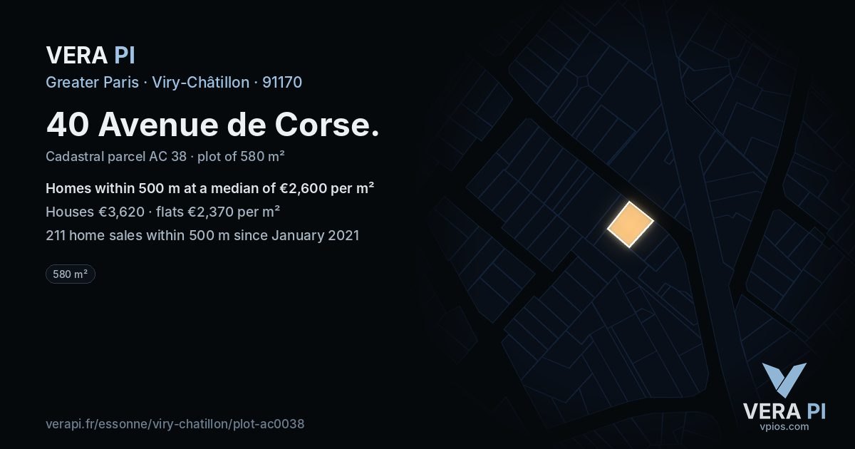 40 Avenue de Corse, Viry-Châtillon at night – the plot lit, the parcels around coloured by the prices near them