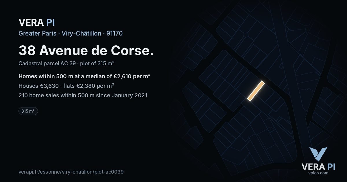 38 Avenue de Corse, Viry-Châtillon at night – the plot lit, the parcels around coloured by the prices near them