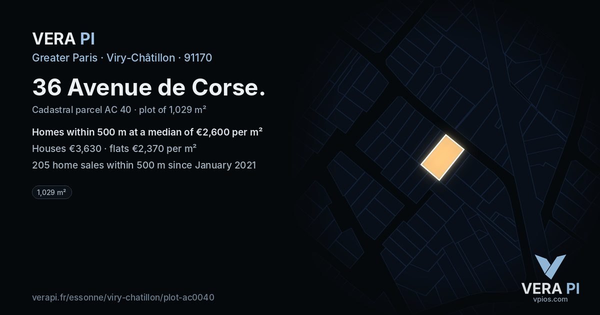 36 Avenue de Corse, Viry-Châtillon at night – the plot lit, the parcels around coloured by the prices near them