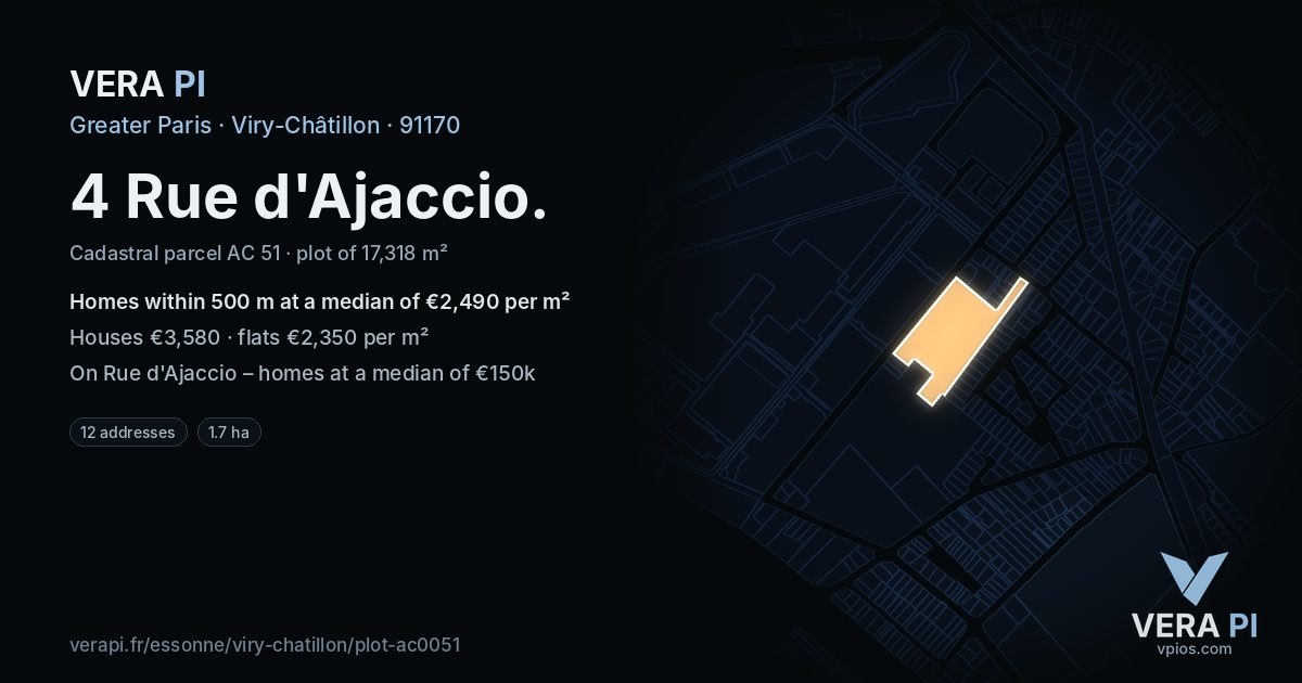 4 Rue d'Ajaccio, Viry-Châtillon at night – the plot lit, the parcels around coloured by the prices near them
