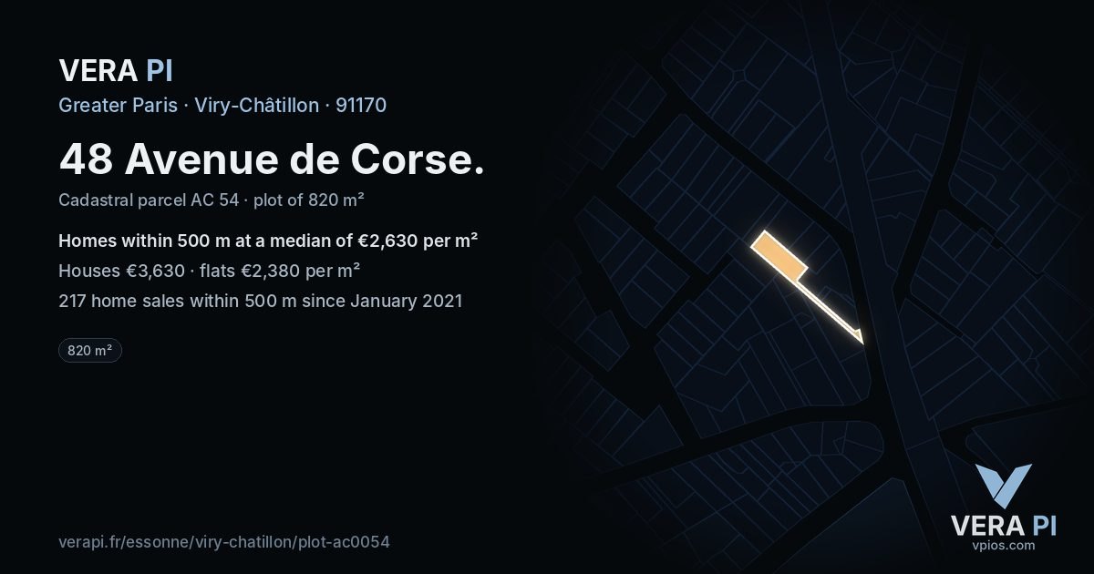 48 Avenue de Corse, Viry-Châtillon at night – the plot lit, the parcels around coloured by the prices near them