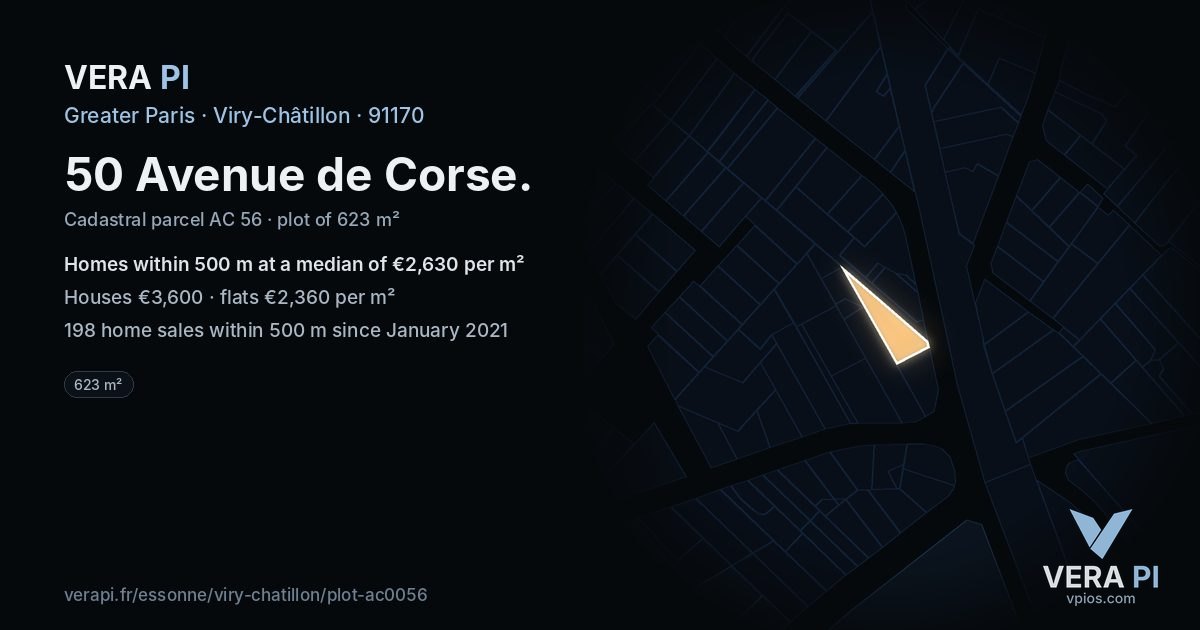 50 Avenue de Corse, Viry-Châtillon at night – the plot lit, the parcels around coloured by the prices near them