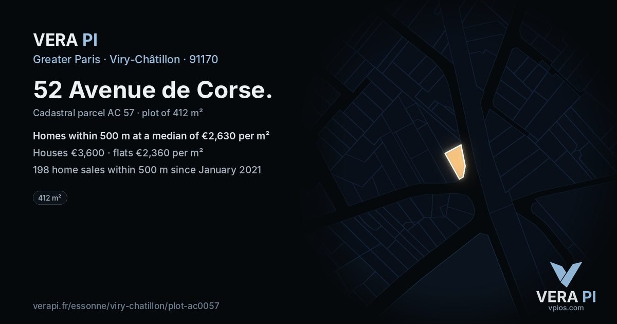 52 Avenue de Corse, Viry-Châtillon at night – the plot lit, the parcels around coloured by the prices near them