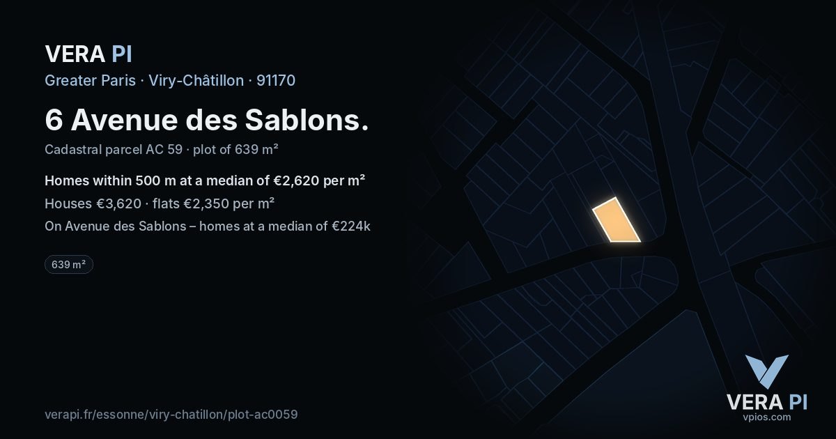 6 Avenue des Sablons, Viry-Châtillon at night – the plot lit, the parcels around coloured by the prices near them
