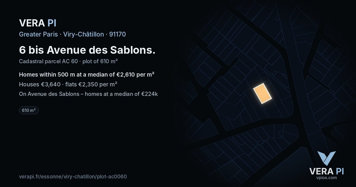 6 bis Avenue des Sablons, Viry-Châtillon at night – the plot lit, the parcels around coloured by the prices near them
