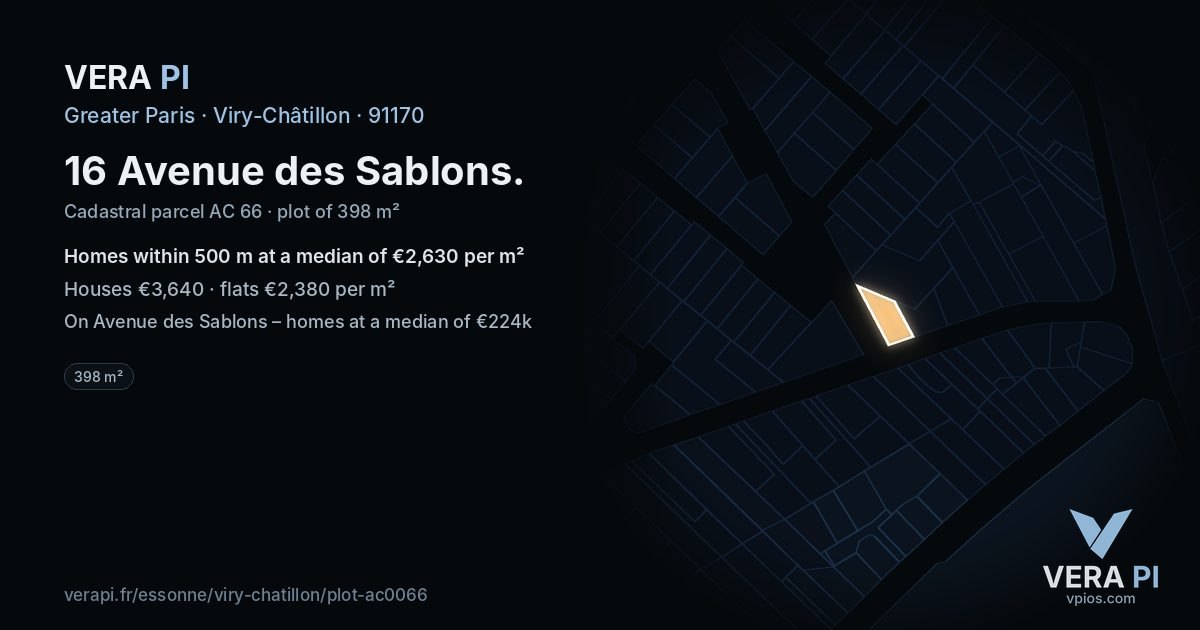 16 Avenue des Sablons, Viry-Châtillon at night – the plot lit, the parcels around coloured by the prices near them