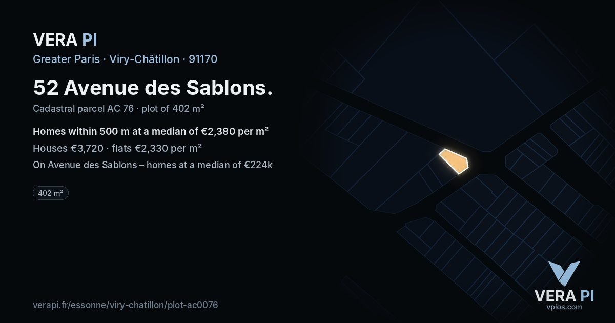 52 Avenue des Sablons, Viry-Châtillon at night – the plot lit, the parcels around coloured by the prices near them