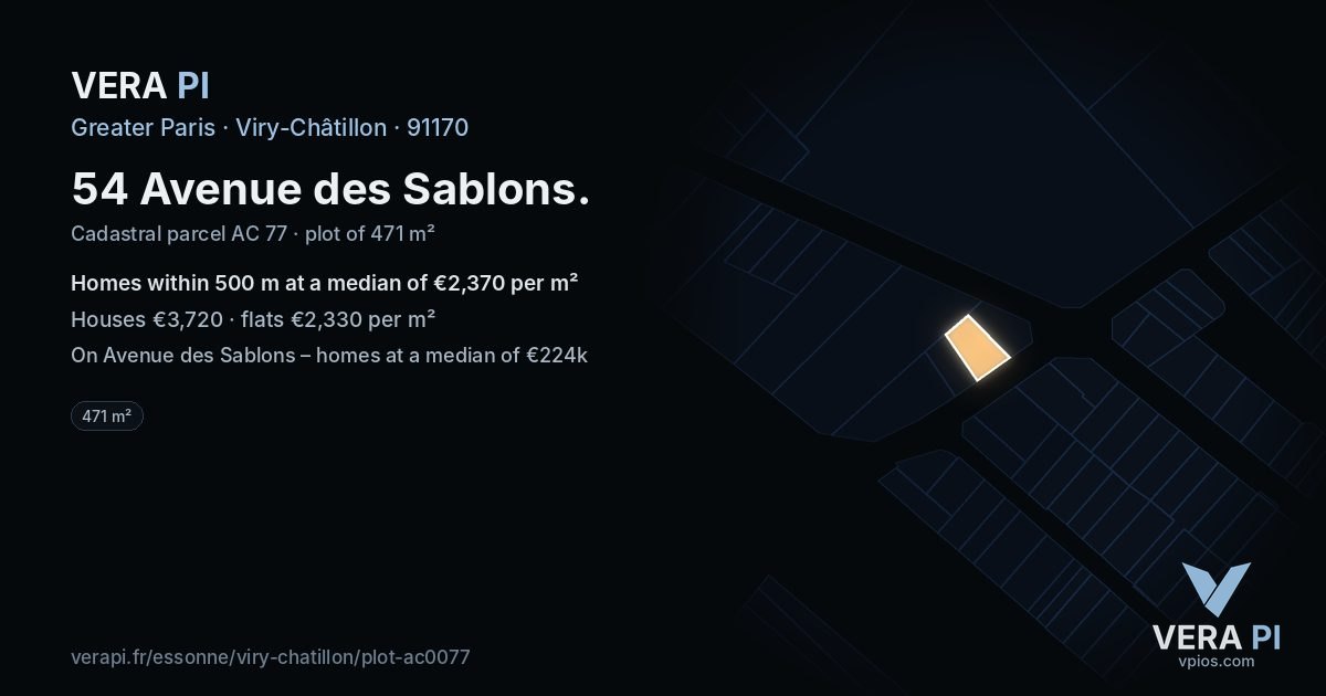 54 Avenue des Sablons, Viry-Châtillon at night – the plot lit, the parcels around coloured by the prices near them