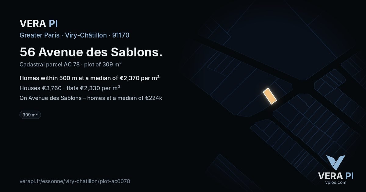 56 Avenue des Sablons, Viry-Châtillon at night – the plot lit, the parcels around coloured by the prices near them