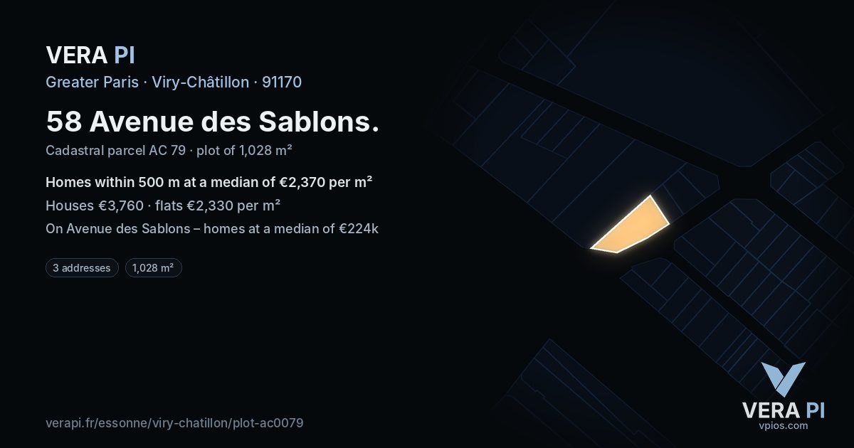 58 Avenue des Sablons, Viry-Châtillon at night – the plot lit, the parcels around coloured by the prices near them